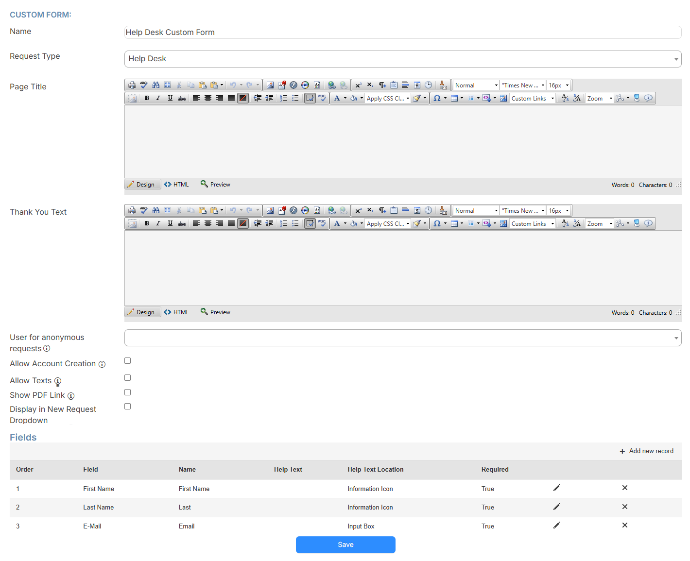 Custom form creation page.